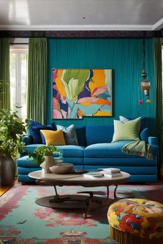 a living room with blue couches and green curtains