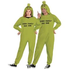 two people in green onesuits that say every family has one