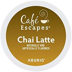 the label for cafe escapes chai latte is shown on a white and gold background