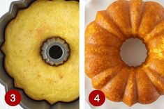 two pictures side by side one has a bundt cake and the other has a bundt cake in it