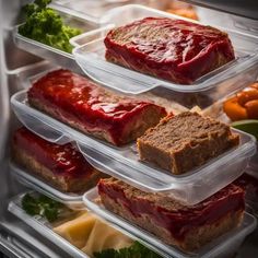 there are three plastic containers with food inside of the freezer door, and one is filled with meat