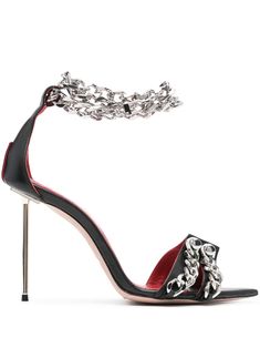 black calf leather silver-tone hardware chain-link detailing ankle strap pointed toe open toe branded insole 100mm high heel Black Heels With Silver, Embellished Sandals, Leather Silver, Black Heels, Black Sandals, Women's Shoes Sandals, Chain Link, Calf Leather, High Heel