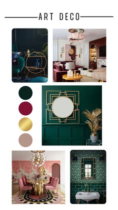 the interior design board is shown with different colors and shapes, including green walls, gold accents