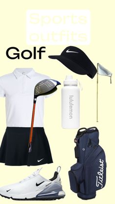 a woman's outfit and accessories including a hat, tennis racket, golf bag, water bottle, nike cap, white shirt