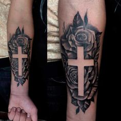 two tattoos with roses and a cross on each arm, one is black and white