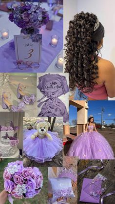 a collage of photos with purple and white flowers on them, including a teddy bear