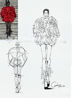 three different fashion sketches, one with roses on it and the other with an umbrella