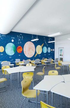 an empty classroom with desks and chairs in front of planets painted on the wall