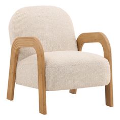 a white chair with wooden arms and legs