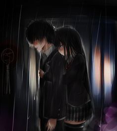 two people standing next to each other in the rain