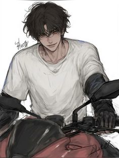 a drawing of a man sitting on top of a motor bike with gloves over his hands