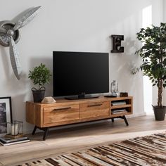 a flat screen tv sitting on top of a wooden entertainment center next to a potted plant