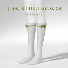 a pair of white socks with green bows tied around the ankles, and text that reads just knitted socks 08 30 swatches