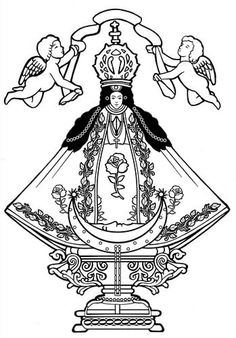 an image of the virgin mary in black and white, with angels around her head