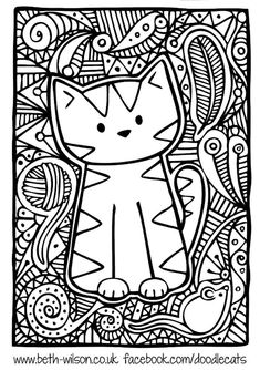 a black and white drawing of a cat sitting in the middle of an abstract pattern