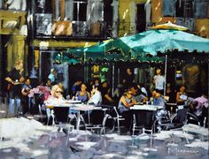 an oil painting of people sitting at tables under umbrellas