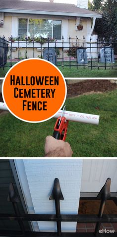 two pictures with the words halloween cemetery fence in front of them and an image of a house