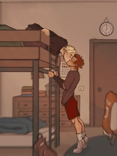 a woman standing on top of a bunk bed next to a man laying on the floor