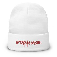 SP Embroidered Beanie - Starphase Unisex Cotton Hats For Winter, Unisex Cotton Beanie For Winter, White Cotton Beanie For Winter, White Warm Cotton Beanie, Trendy Fitted White Beanie, White Fitted Warm Beanie, Warm Fitted White Beanie, Fitted Cotton Hats With Embroidered Logo, Winter Beanie For Streetwear