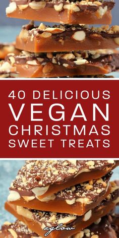 a stack of vegan christmas treats with text overlay