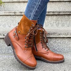 Category:Boots; Upper Materials:PU; Embellishment:Buckle; Season:Spring,Fall,Winter; Heel Type:Block Heel; Gender:Women's; Size Suggestion:select one size smaller than usual; Toe Shape:Round Toe; Type:Booties Ankle Boots; Style:Vintage,Casual,Minimalism; Heel Height(inch):1-2; Outsole Materials:Rubber; Occasion:Daily,Outdoor; Closure Type:Lace-up,Zipper; Listing Date:09/06/2023; Production mode:Self-produce; 2024 Trends:Combat Boots,Plus Size,Lace Up Boots; Foot Length:null; Foot Width:null; Heel Height:Low Heel Latest Fashion Shoes, Woman Boots, Popular Boots, Boots Woman, Indie Style, Boots For Short Women, Woman Shoes, Boots Winter, Low Heel Shoes