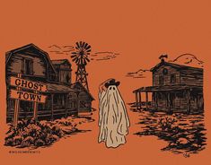 an orange and black illustration of ghost town