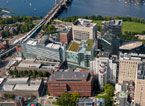 an aerial view of the city and harbor