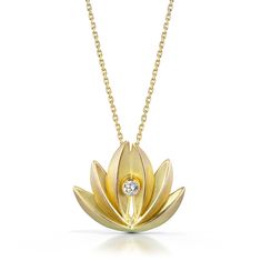 Gold & Stone Necklace - A dimensional lotus flower is hand fabricated in 18k gold, with a sparkling 3mm moissanite nestled into the center.<br><br>16-18 adjustable 14k gold chain with friction pull slider. Lobster clasp. Water Lily Jewelry, Necklaces With Stones, Gold Stone Necklace, Brooch Diamond, Lotus Flower Pendant, Brooch Design, Lotus Flower Necklace, Gold Pendent, Dancing Diamond