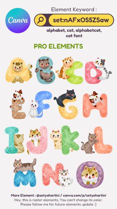 a poster with the letters and numbers for children's books, which include cats