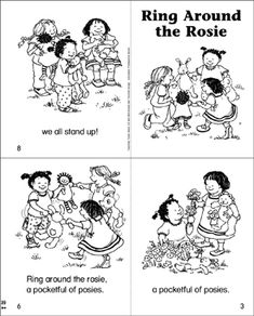 four different pictures with the words ring around the rosie and two children holding hands