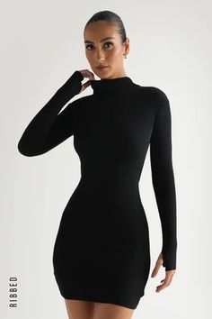 Kendall Ribbed Mini Dress - Black – My Outfit Online Ribbed Mini Dress, Backless Design, My Outfit, Long Sleeve Mini, Ribbed Fabric, High Neckline, Mini Black Dress, Wardrobe Staples, Dress Black