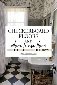 a bathroom with black and white checkerboard floors