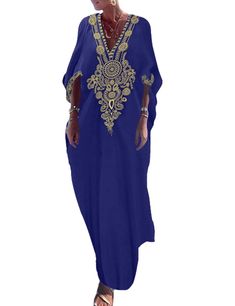 PRICES MAY VARY. Long caftan dress fit US Size M, L, XL, XXL,3XL Bust: 63"(approx. 160cm) Length: 53.9"(approx. 137cm) Short sleeve kaftan, gold embroidery V Neck, stylish and elegant Loose design and side split for an easy fit, cotton kaftan dresses for women Cover up dress for hanging out at the beach, pool, or around the home, tunic maxi dress style As evening wear, summer wear, daily wear, lounging at home, or even sleepwear Feature:
 Material: Viscose
 Style: Bohemian, Casual
 Sleeve: Half Elegant Embroidered Kaftan For Vacation, Traditional V-neck Dress For Beach Season, Floral Embroidered Maxi Dress For Beach Cover-up, V-neck Thobe For Eid Vacation, Floral Embroidered Kaftan For Beach Cover-up, Embroidered Long Sleeve Kaftan For Beach Cover-up, Long Embroidered Kaftan For Beach Season, Embroidered Maxi Dress For Beach Eid, V-neck Maxi Dress For Beach Eid