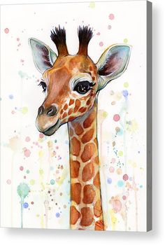 a painting of a giraffe's head on a white background with watercolor spots