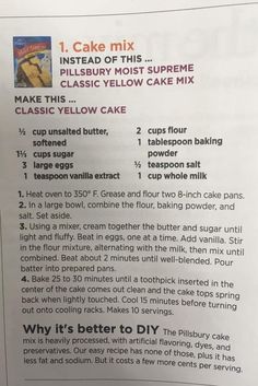 the instructions for making cake mix in a recipe book