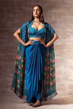 "14 Versatile Crop Tops Outfit Ideas for Day to Night Looks" Cape For Women, Lotus Print, Floral Print Crop Top, Strappy Crop Top, Draped Skirt, Indian Dress, Party Wear Indian Dresses, Asymmetrical Skirt