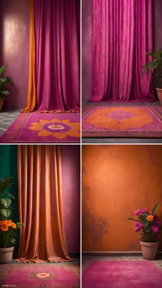 four different shots of curtains with flowers in the center and on the left, an orange flower pot sitting next to a pink curtain