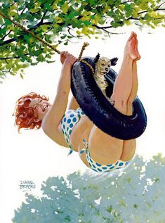 a woman hanging upside down on a tire with a cat in her lap and the caption below