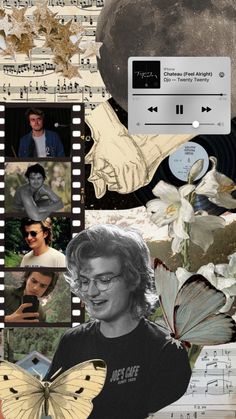 a collage of photos with music notes and butterflies on them, including a man's face