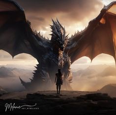 a man standing next to a giant dragon on top of a mountain under a cloudy sky