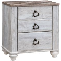 two drawers with handles on each side and an open drawer at the bottom, in whitewash