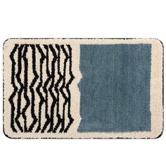 a blue and white rug with black lines on it, in the shape of a rectangle