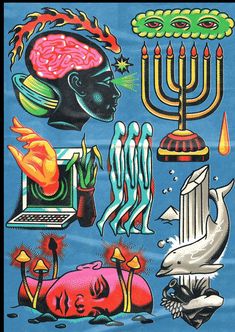 an image of various art work on a blue background with candles and menorah