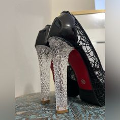 Sexy, Unique Platform Stilettos With Acrylic High Heel That Features A Crystal Design, The Black Sequined Material Is Sheer And Reveals An Open Toe. Size 8, Never Worn, Excellent Condition Crystal Heels, Platform Stilettos, Crystal Design, Black Platform, Shoe Porn, High Heel, The Black, Open Toe, High Heels