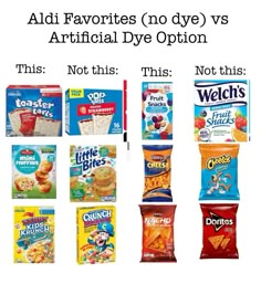 an advertisement with different types of snacks and their names on the front, along with text that reads aldi favorites no dyb vs artificial dye option