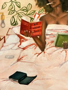 a painting of a woman reading a book while laying in bed with her hand on an open book