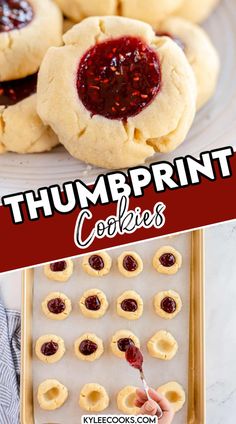 there are cookies with jam on them and the words, thumpprint cookies above it