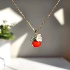 Apple necklace Cute Red Flower Jewelry, Trendy Flower Shaped Jewelry For Gifts, Trendy Flower Pendant Jewelry Gift, Trendy Flower Pendant Jewelry As Gift, Trendy Flower Pendant Jewelry For Gift, Red Resin Pendant Jewelry, Trendy Gold Resin Necklace, Elegant Dangle Jewelry With Fruit Design, Elegant Fruit Design Dangle Jewelry