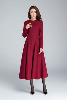 Dresses Casual Red, Vintage Womens Dresses, Casual Red Dress, Womens Dresses Casual, Fall Party Dress, Red Dress Casual, Midi Dress Winter, Dresses Fitted, Wine Red Dress