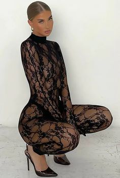 TIFFANY-LACE STOCKING BODYSUIT Womens Black Jumpsuit, Jumpsuit Long Sleeve, Lace Stockings, Y2k Women, Jumpsuit Long, Black Lace Bodysuit, High Fashion Outfits, Costume Intero, Long Jumpsuits